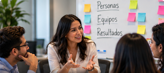 Líder trabajando con su equipo en una sesión de liderazgo