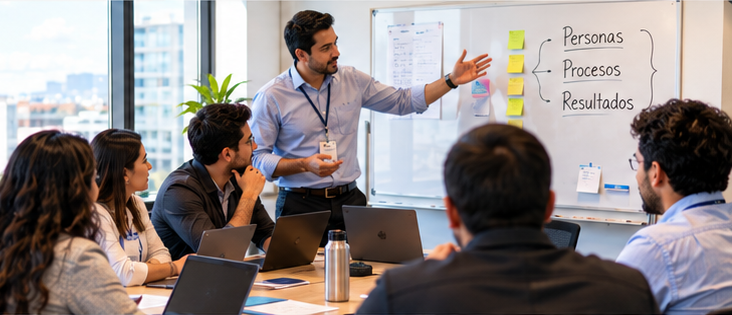 Facilitador guiando un workshop empresarial con un equipo reunido alrededor de una mesa