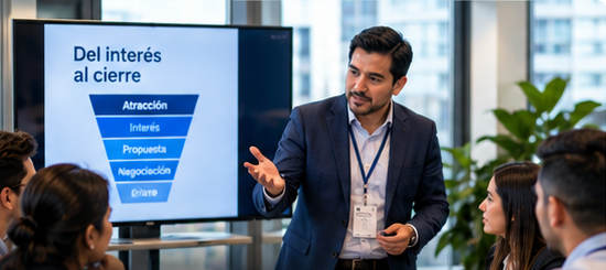 Facilitador presentando un proceso de ventas al equipo comercial